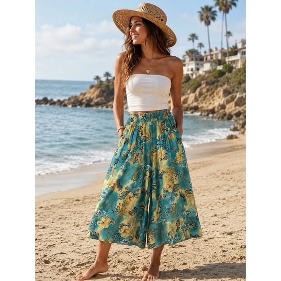Koret Pants - Koret Vintage Tropical Palazzo Pants Wide Leg Culottes Turquoise Size 12 Flowy